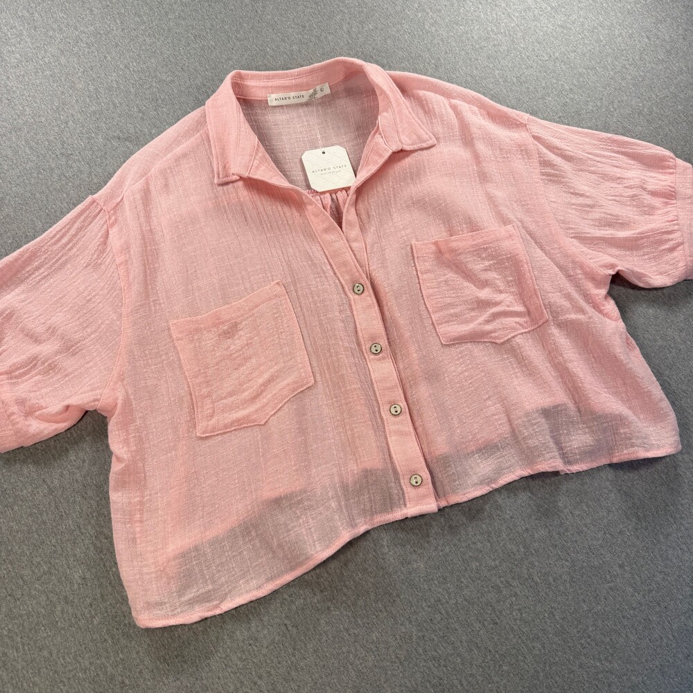 Altar'd State Pink Linen Shirt Large Women's Short Sleeve Button Front